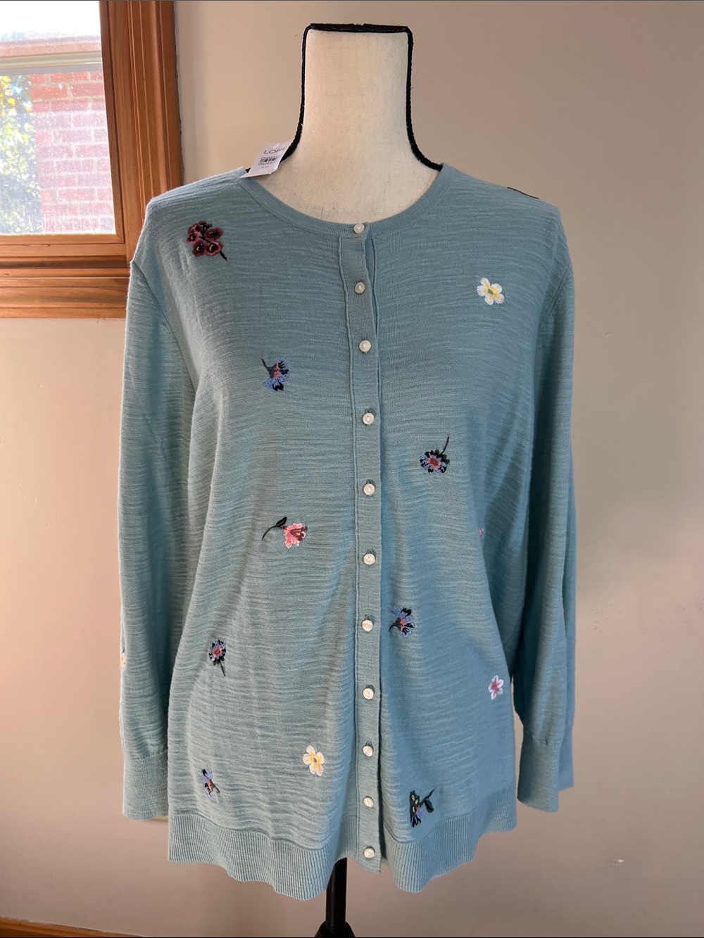 🌸🪷🪻Loft Light Teal Floral Embroidered Button-Front Sweater